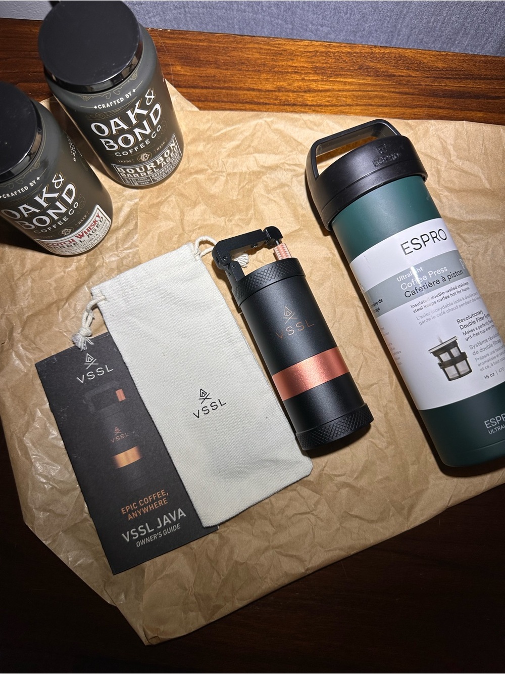 VSSL JAVA Portable Coffee Grinder & Brewer - Black with Copper Accent Set